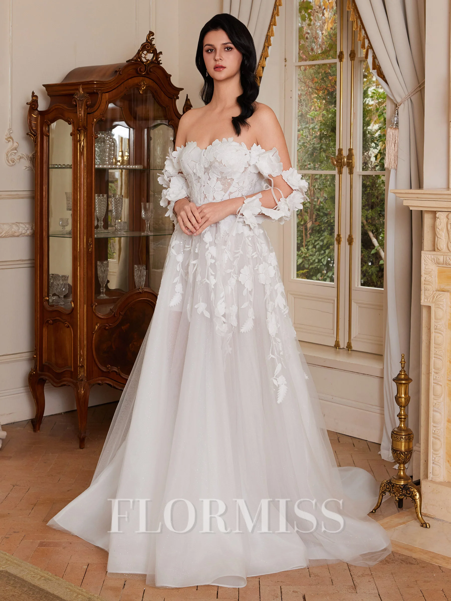 A-line Off-the-Shoulder Long Sleeves Appliques Lace Court Train Tulle Corset Wedding Dress