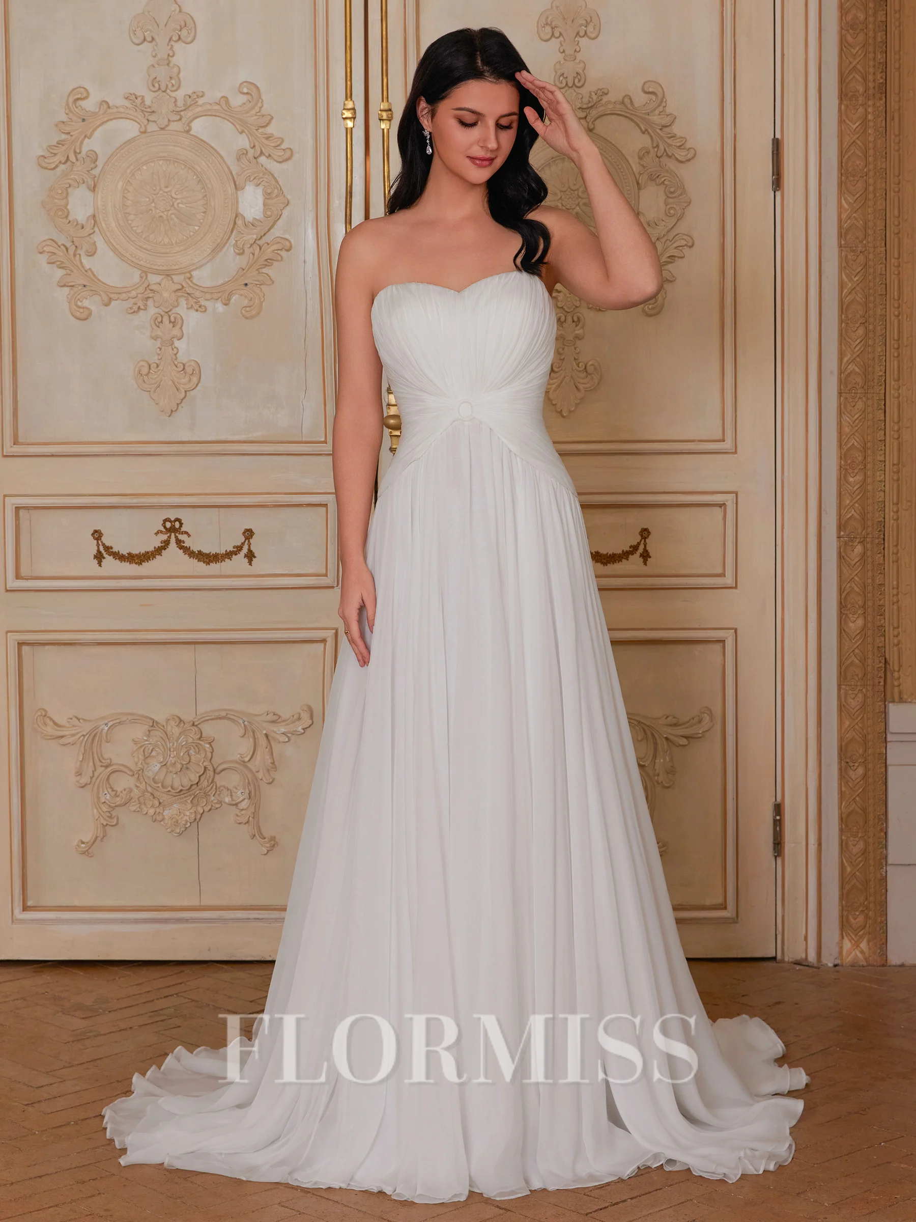 A-line Sweetheart Pleated Sweep Train Chiffon Corset Wedding Dress