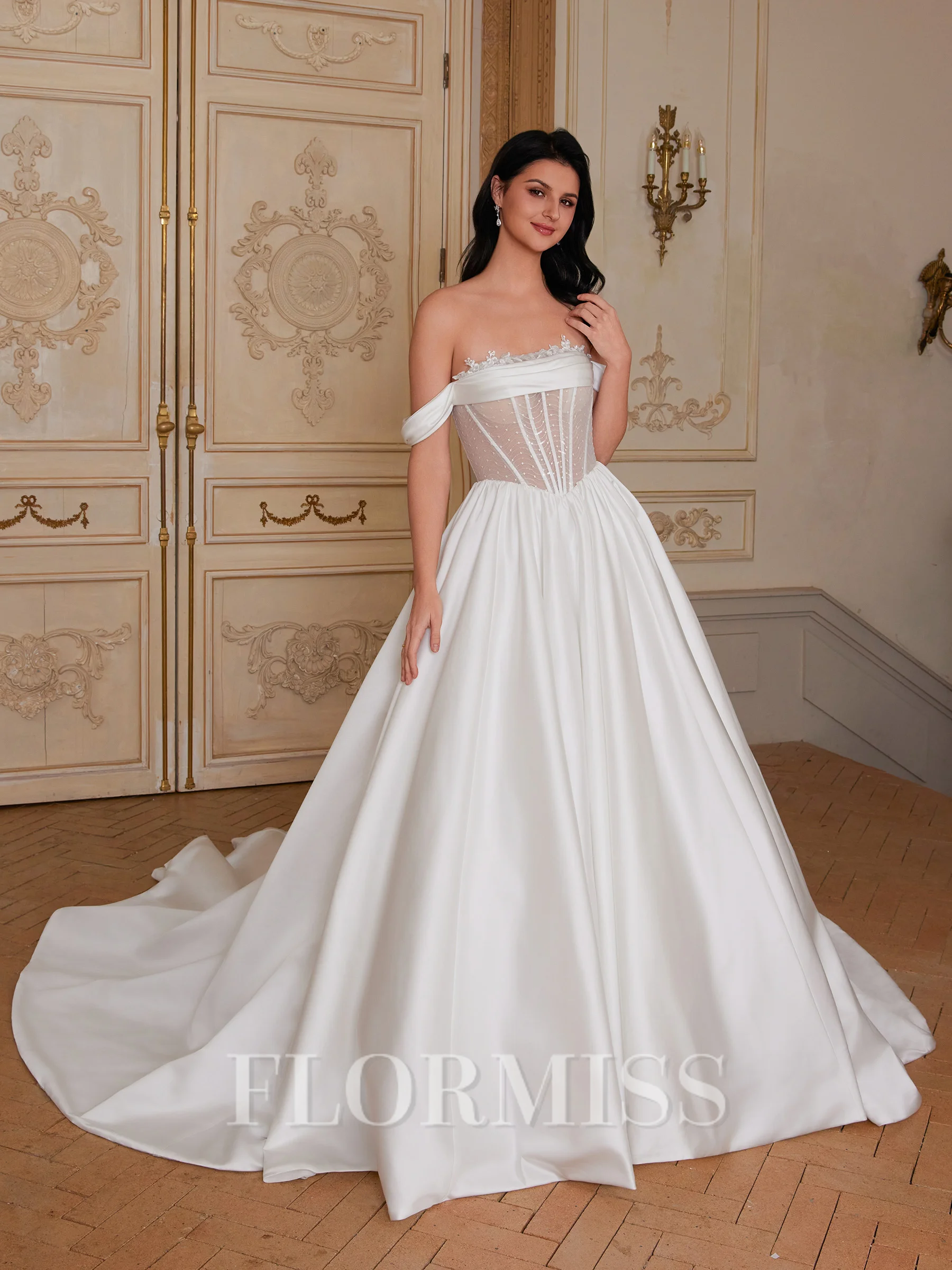 Ball-Gown Off-the-Shoulder Appliques Lace Cathedral Train Satin Corset Wedding Dress