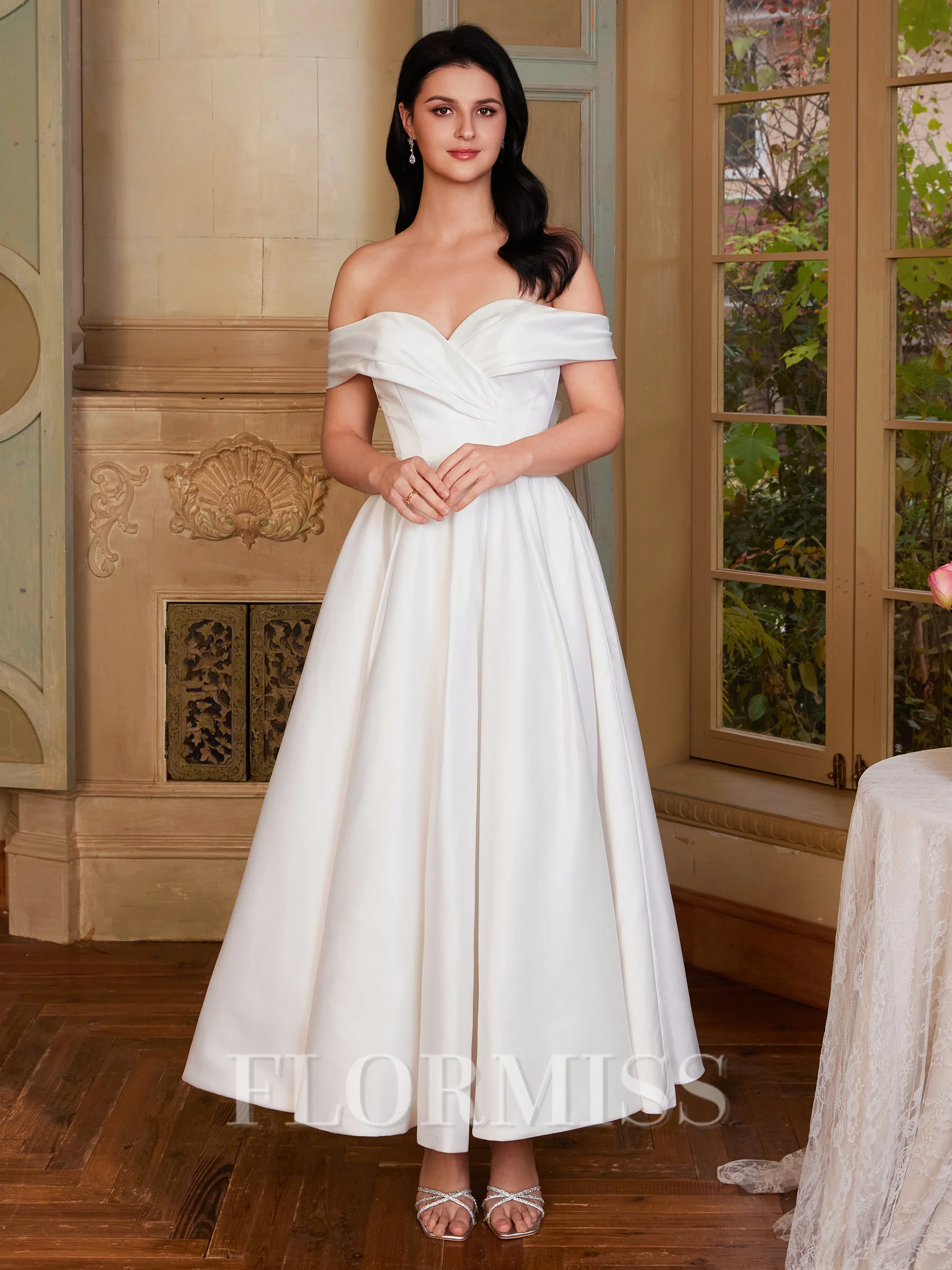 A-line Off-the-Shoulder Bow Tea-Length Satin Corset Wedding Dress