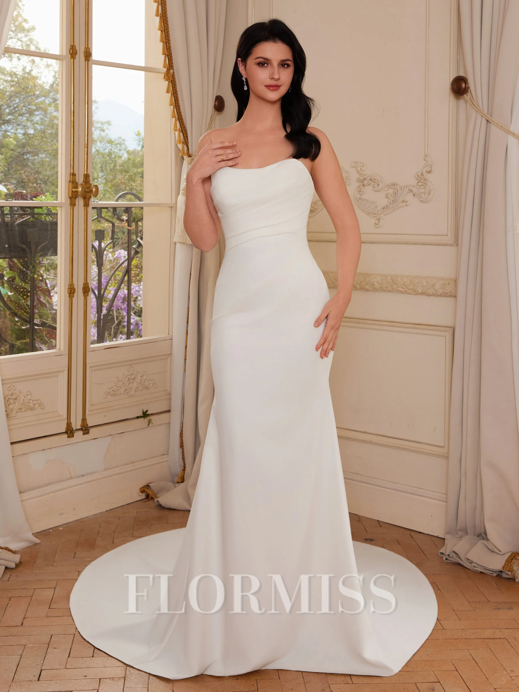 Sheath Straight Pleated Court Train Stretch Crepe Corset Wedding Dress