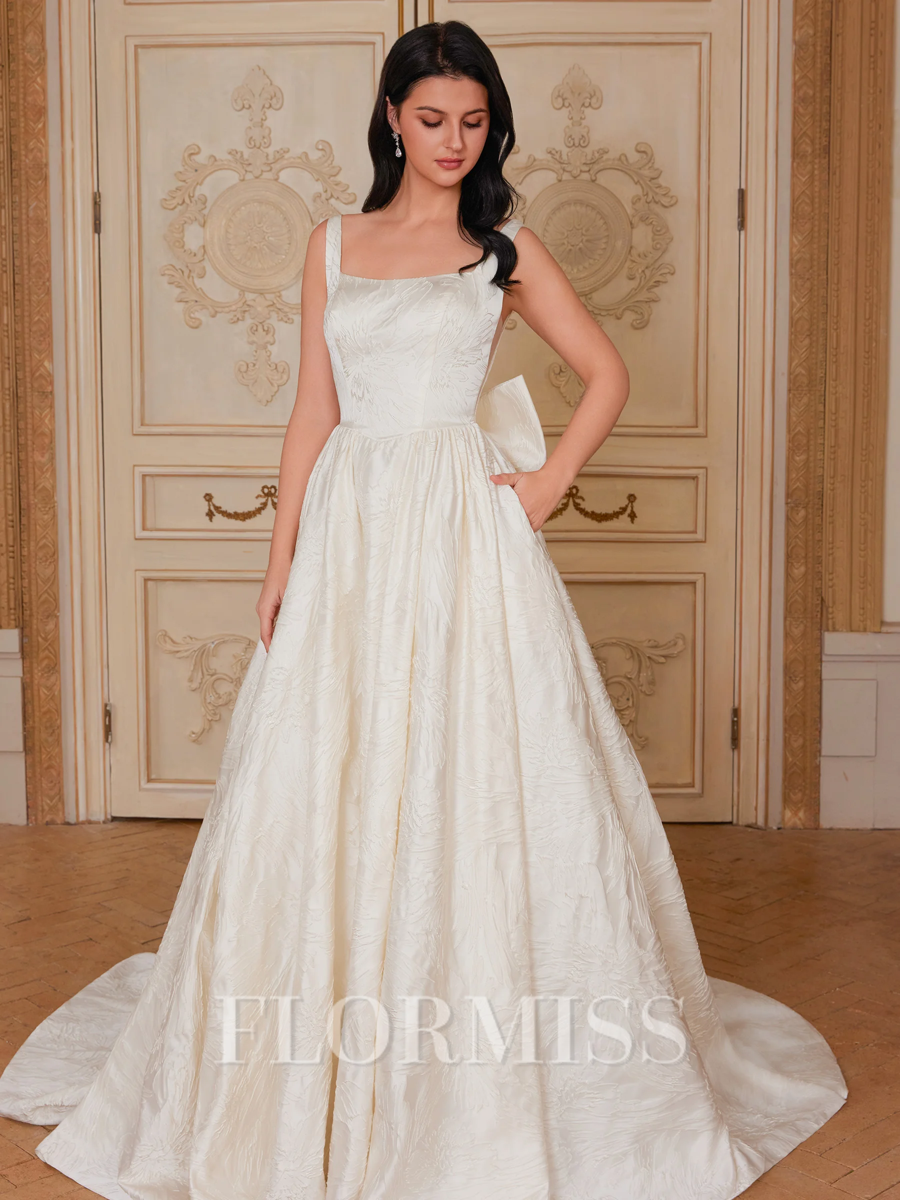 A-line Square Bow Court Train Wedding Dress
