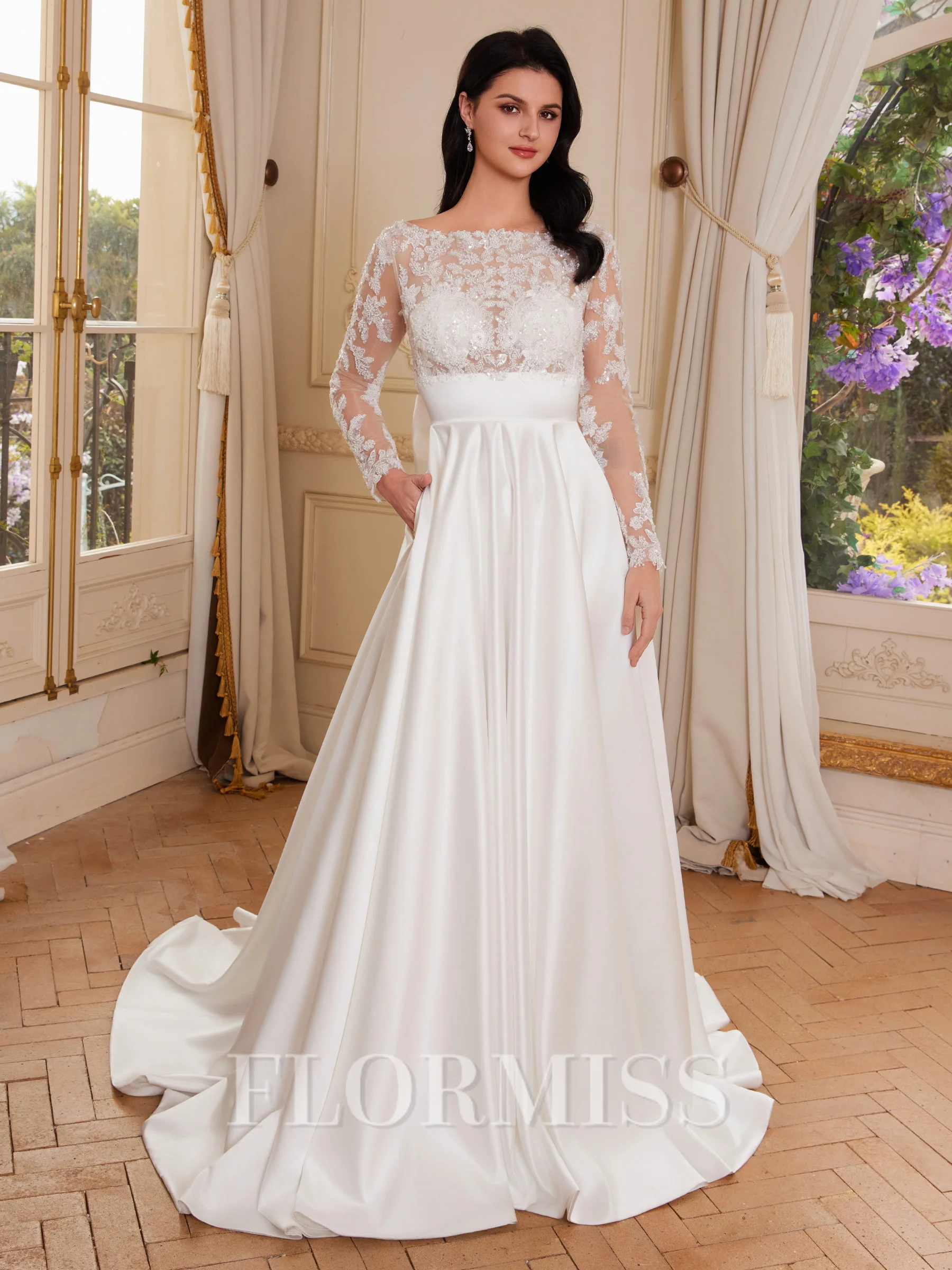 A-line Scoop Long Sleeves Bow Court Train Satin Wedding Dress