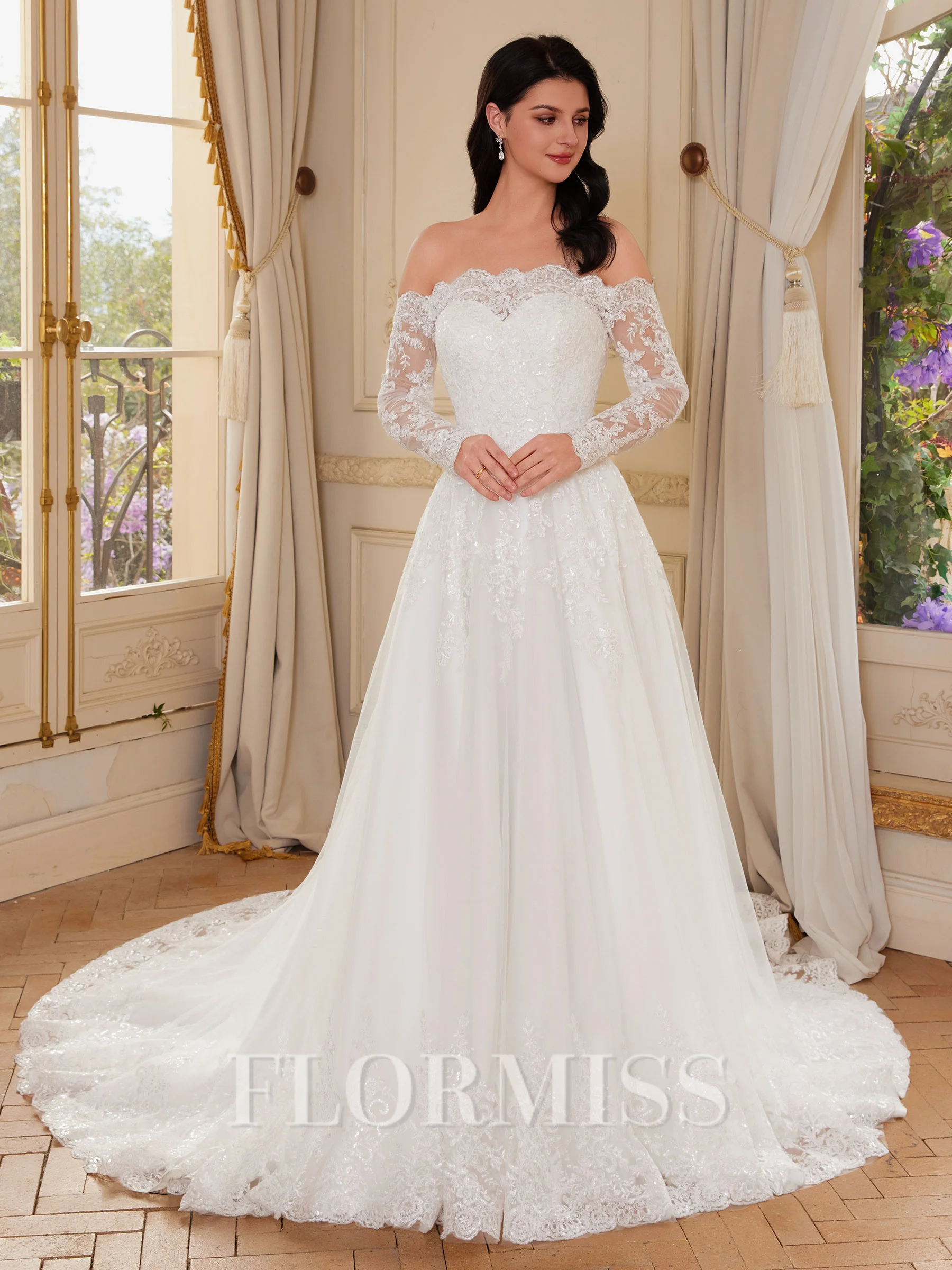 A-line Off-the-Shoulder Long Sleeves Appliques Lace Chapel Train Tulle Corset Wedding Dress