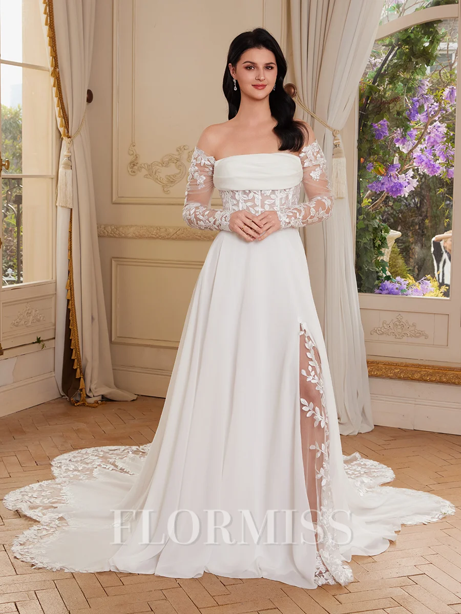 A-line Off-the-Shoulder Long Sleeves Appliques Lace Chapel Train Chiffon Corset Wedding Dress