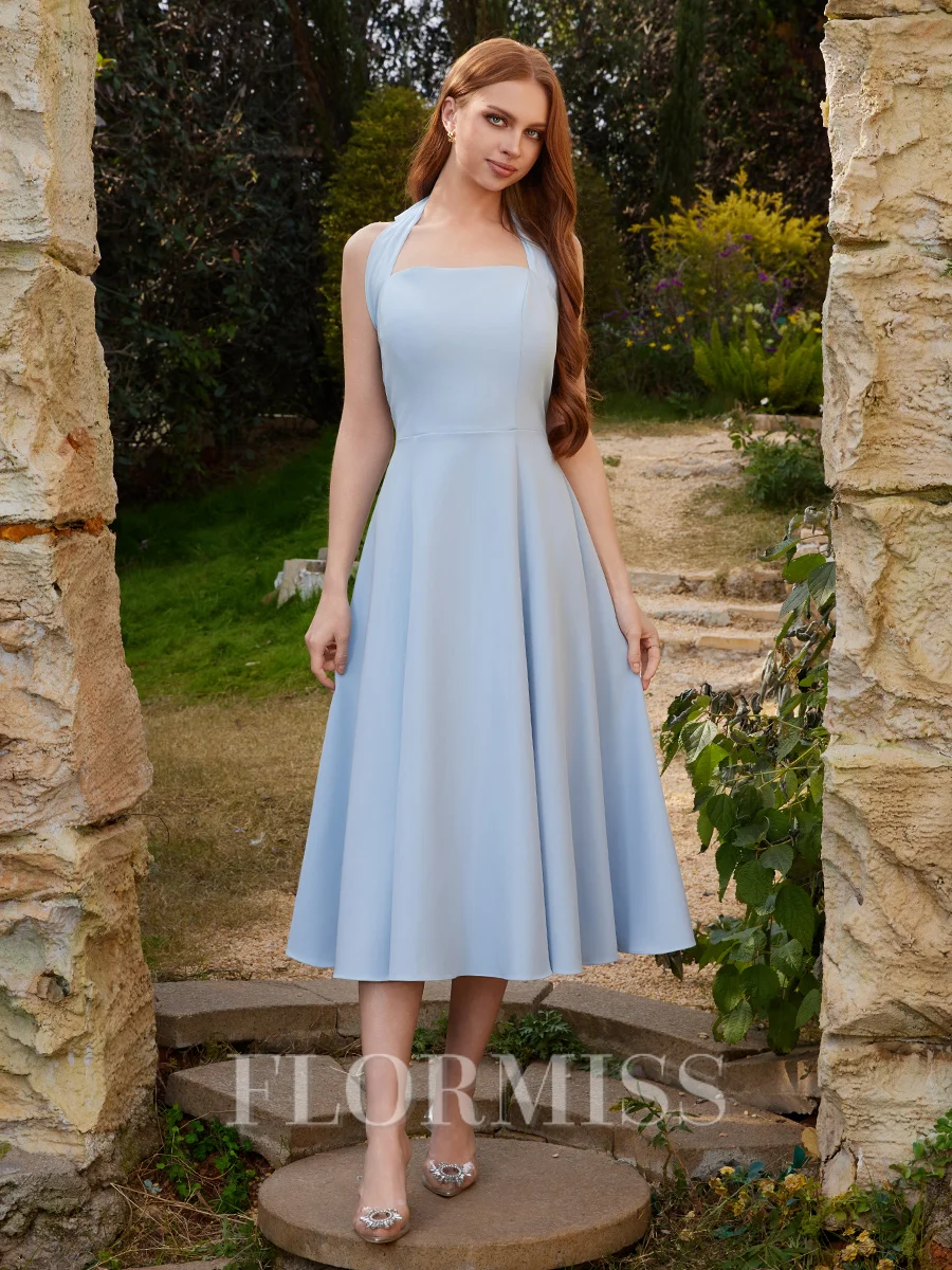 A-line Halter Bow Tea-Length Dress