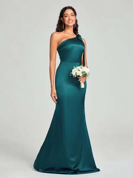 Sheath/Column One-Shoulder Floor-Length Sleeveless Silk Like Satin Bridesmaid Dress