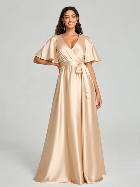 A-Line/Princess V-neck Floor-Length Short Sleeves Silk like Satin Bridesmaid Dress