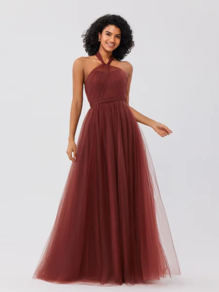 A-Line/Princess Tulle Ruffles Halter Sleeveless Floor-Length Bridesmaid Dresses