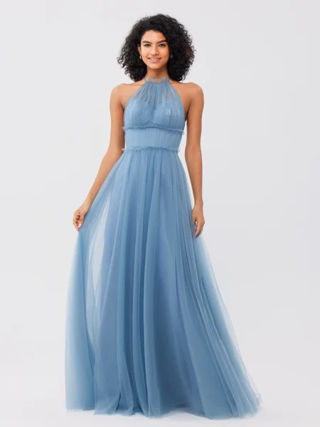 A-Line/Princess Tulle Ruched Halter Sleeveless Floor-Length Bridesmaid Dresses