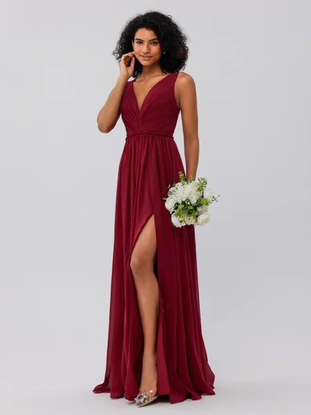 A-Line/Princess Chiffon Ruffles V-neck Sleeveless Floor-Length Bridesmaid Dresses