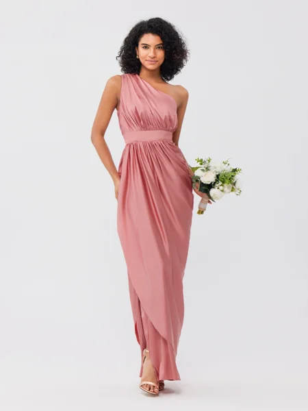 A-Line/Princess Charmeuse Ruffles One-Shoulder Sleeveless Ankle-Length Bridesmaid Dresses