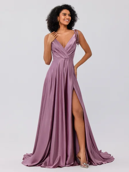 A-Line/Princess Silk like Satin Ruffles V-neck Sleeveless Sweep/Brush Train Bridesmaid Dresses