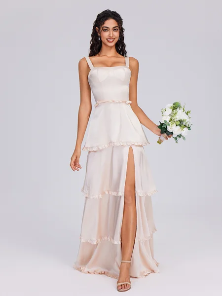 A-line Straps Cascading Ruffles Floor-Length Silk Like Satin Bridesmaid Dress