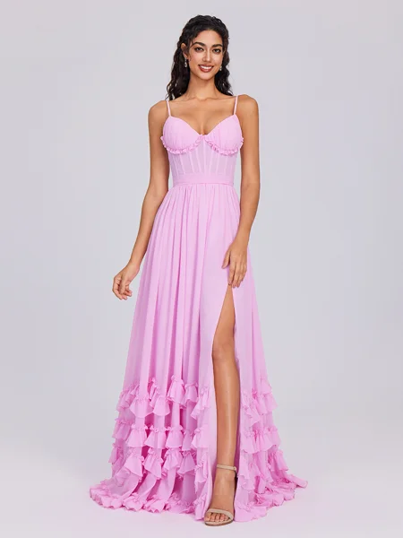 A-line V-neck Ruffles Floor-Length Chiffon Corset Bridesmaid Dress