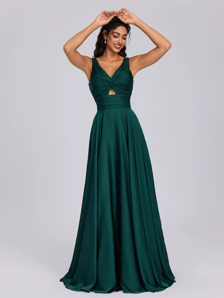 A-line V-neck Pleated Floor-Length Silk Like Satin Bridesmaid Dress