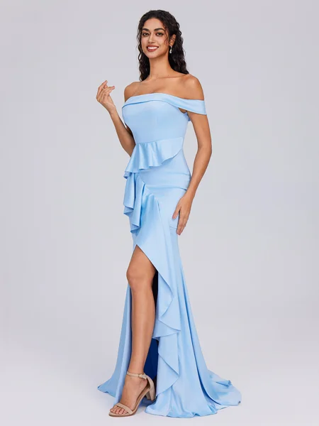 Sheath Off-the-Shoulder Ruffles Floor-Length Charmeuse Bridesmaid Dress