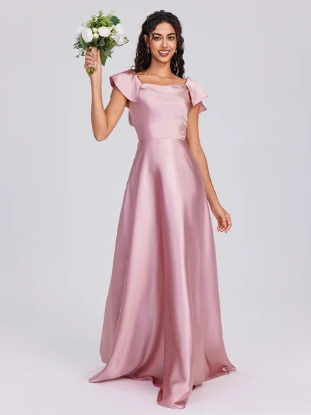 A-line Square Short Sleeves Floor-Length Silk Like Satin Bridesmaid Dress