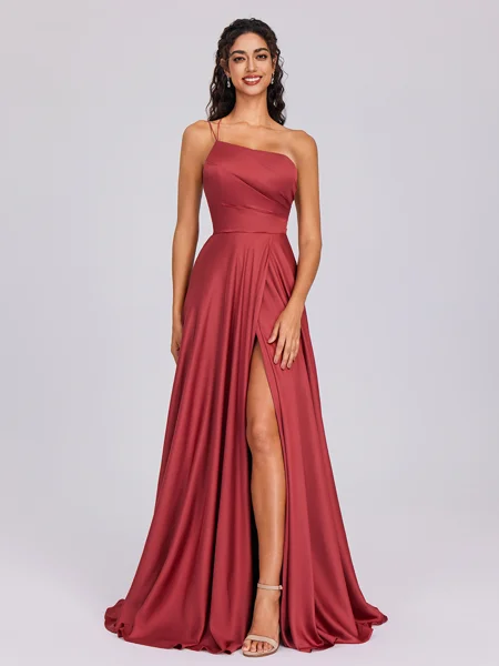 A-line One-Shoulder Pleated Floor-Length Silk Like Satin Bridesmaid Dress