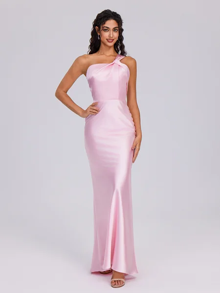 Sheath One-Shoulder Pleated Ankle-Length Silk Like Satin Bridesmaid Dress