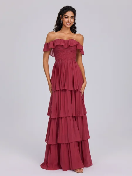 A-line Off-the-Shoulder Cascading Ruffles Ankle-Length Chiffon Bridesmaid Dress