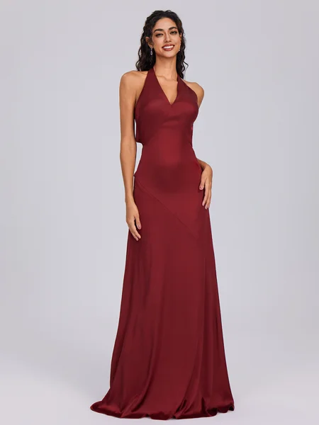A-line V-neck Floor-Length Silk Like Satin Bridesmaid Dress