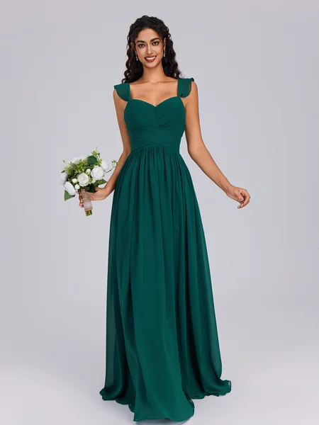 A-line V-neck Pleated Floor-Length Chiffon Bridesmaid Dress