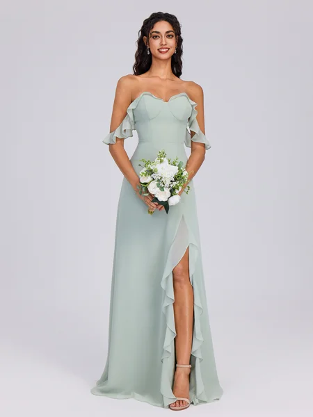 A-line Off-the-Shoulder Ruffles Floor-Length Chiffon Bridesmaid Dress