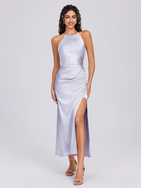 Sheath Halter Pleated Ankle-Length Silk Like Satin Bridesmaid Dress