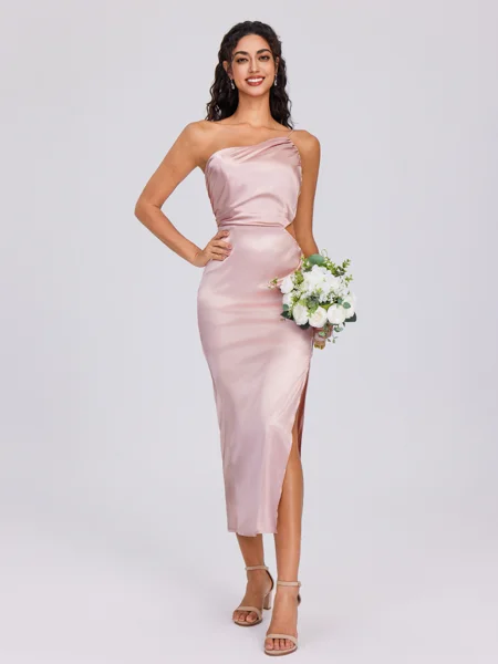 Sheath One-Shoulder Pleated Tea-Length Silk Like Satin Bridesmaid Dress