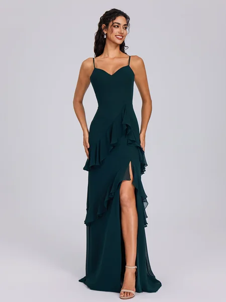 A-line V-neck Cascading Ruffles Floor-Length Chiffon Bridesmaid Dress
