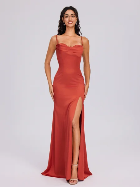 Sheath Cowl Pleated Floor-Length Silk Like Satin Bridesmaid Dress