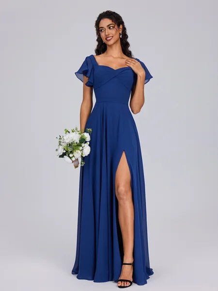 A-line Square Short Sleeves Pleated Floor-Length Chiffon Bridesmaid Dress