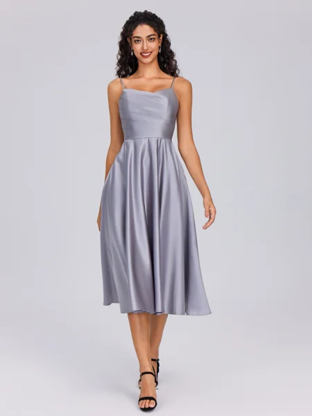A-line Spaghetti Straps Pleated Tea-Length Satin Bridesmaid Dress