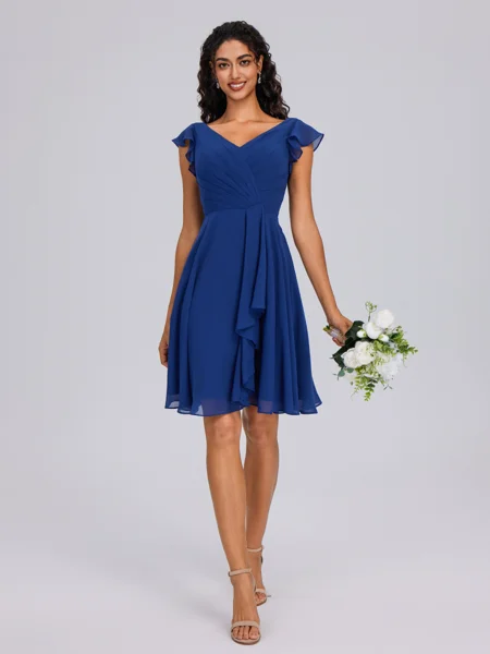 A-line V-neck Pleated Knee-Length Chiffon Bridesmaid Dress