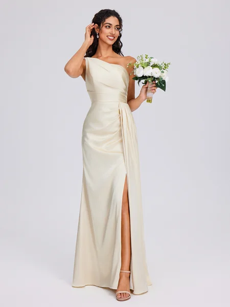 Sheath One-Shoulder Pleated Floor-Length Silk Like Satin Bridesmaid Dress