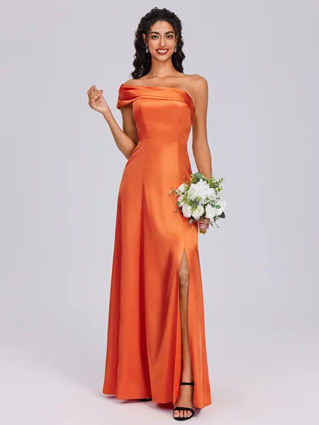 A-line One-Shoulder Pleated Floor-Length Silk Like Satin Bridesmaid Dress