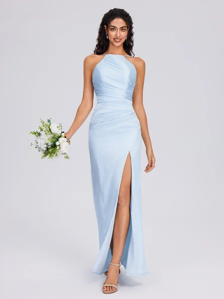 Sheath Halter Pleated Floor-Length Silk Like Satin Bridesmaid Dress