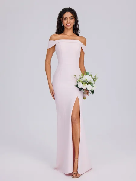 Sheath Off-the-Shoulder Floor-Length Stretch Crepe Bridesmaid Dress