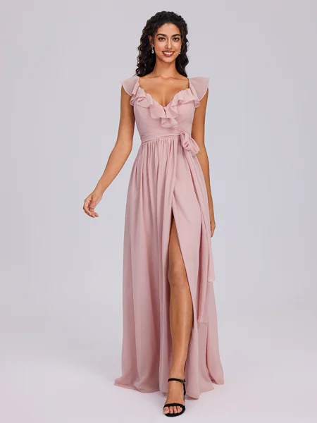 A-line V-neck Sash/Ribbon/Belt Floor-Length Chiffon Bridesmaid Dress