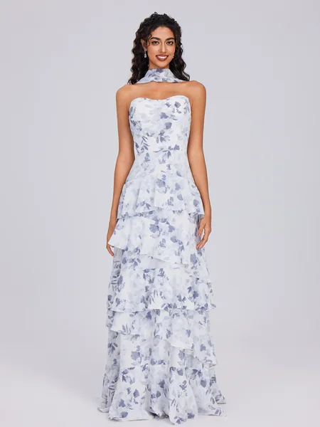 A-line Straight Cascading Ruffles Floor-Length Chiffon Bridesmaid Dress