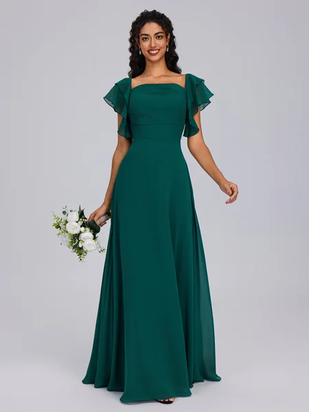 A-line Square Short Sleeves Ruffles Floor-Length Chiffon Bridesmaid Dress