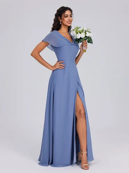 A-line V-neck Short Sleeves Pleated Floor-Length Chiffon Bridesmaid Dress