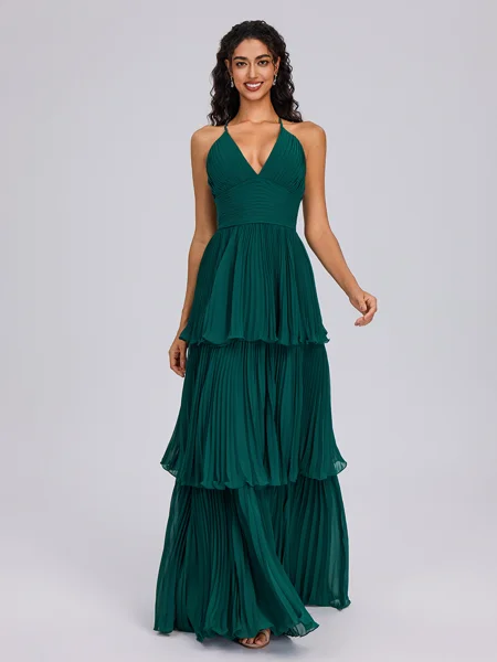 A-line V-neck Cascading Ruffles Floor-Length Chiffon Bridesmaid Dress