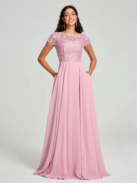 A-Line/Princess Scoop Floor-Length Short Sleeves Chiffon Bridesmaid Dress