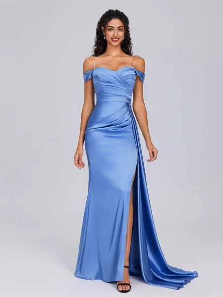 Sheath Off-the-Shoulder Pleated Sweep Train Silk Like Satin Bridesmaid Dress