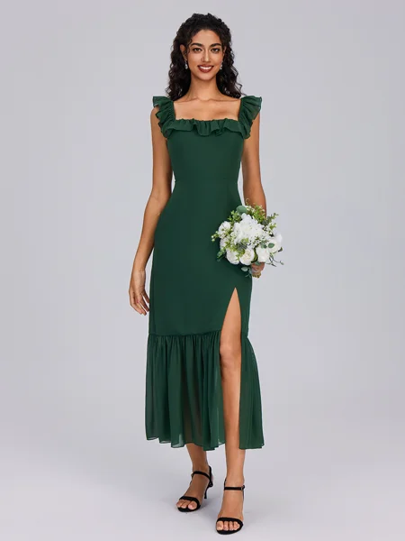 A-line Square Ruffles Tea-Length Chiffon Bridesmaid Dress