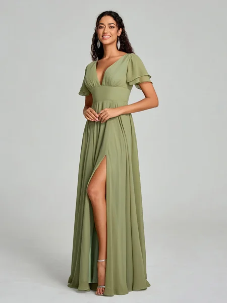 A-Line/Princess V-neck Floor-Length Short Sleeves Chiffon Bridesmaid Dress