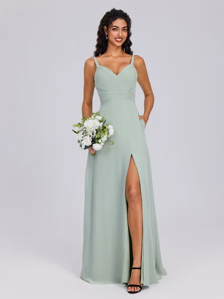 A-line V-neck Pleated Floor-Length Chiffon Bridesmaid Dress