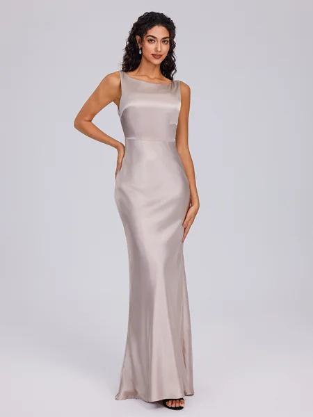 Sheath Scoop Floor-Length Silk Like Satin Bridesmaid Dress